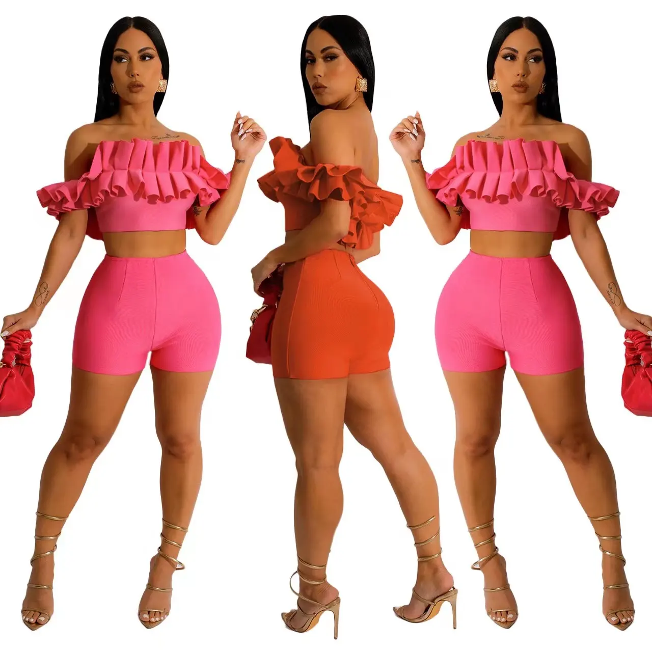 New Sexy Off-Shoulder Top And High Waist Shorts Women Sets Fashion Casual Women 2 Piece Sets