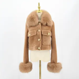 QIUCHEN- QC22079-2 Fashion Women Cashmere Show Hilum Short Jacket With Real Fox Fur Collar Cuffs Wool Coat