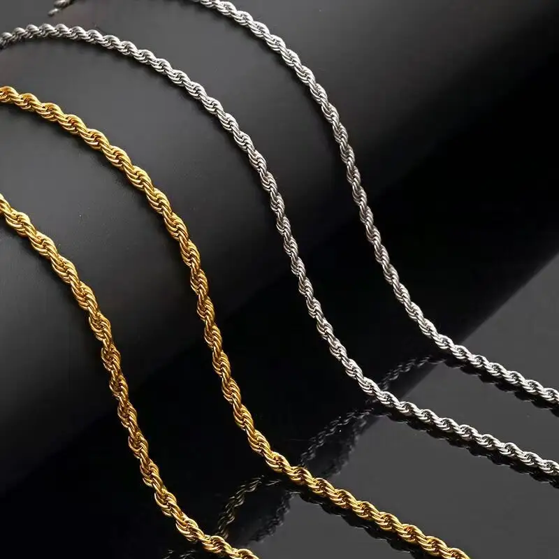 18k Gold Silver Men's Twisted Rope Link Chain Titanium Steel 2mm 3mm Rope Chain Necklace Stainless Steel Waterproof Men Jewelry