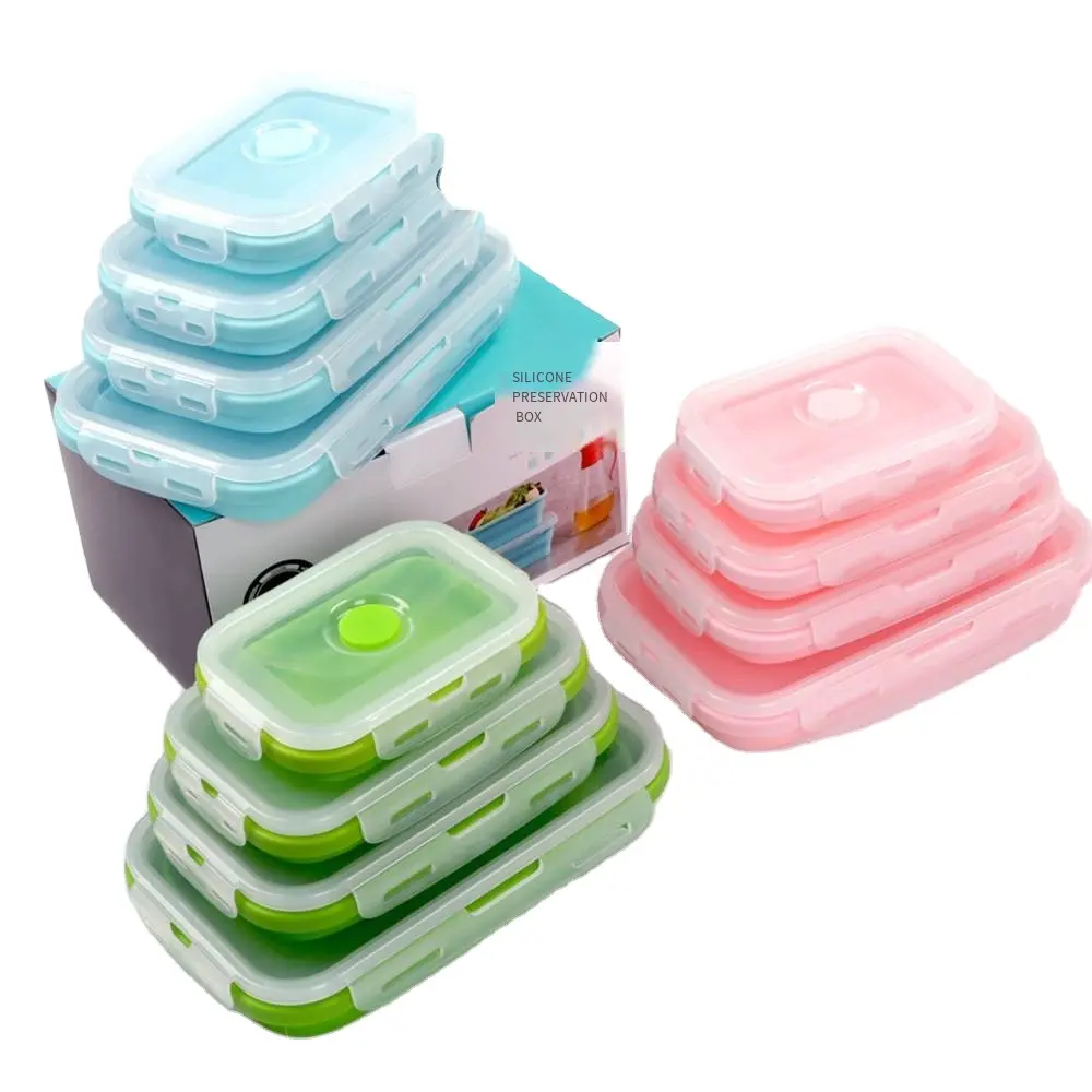 Lancheira personalizada de silicone de qualidade alimentar com 3 compartimentos, lancheira bento dobrável e à prova de vazamentos para crianças, mais novo design