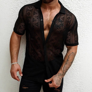 Chemise en dentelle pour hommes, manches courtes, boutonnée, ajourée, transparente, décontractée, pour les vacances d'été - Product Image 1