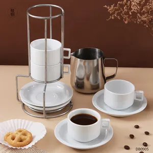 Venta al por mayor de porcelana apilables café taza platillo con mental soporte de café Taza de cerámica