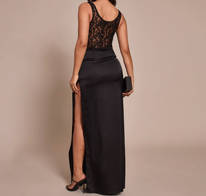 Robes pour femmes Viviblook C25DS446, nouvelle robe de soirée pour femmes, couleur unie, sexy, ajustée, sans manches, avec fente, patchwork en dentelle - Product Image 2