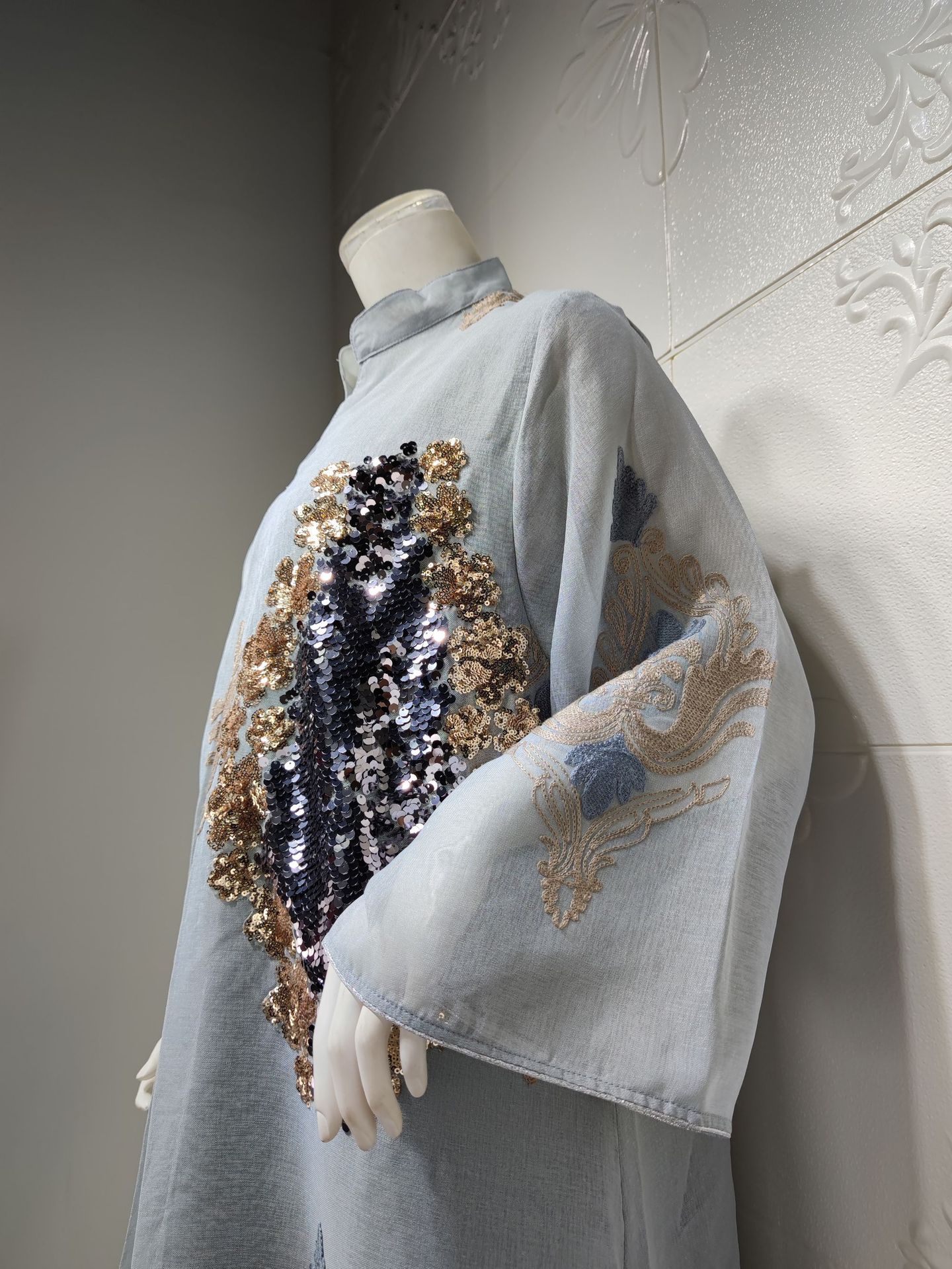 Women's Muslim Evening Dress Beaded Embroidered Mesh Women's Continued Long Sleeve Dress