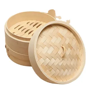 ESTICK Customizable Recyclable Bamboo Cover Natural Kitchens Cook Food 10 Inch Popular Chinese Traditional Round Bamboo Steamer