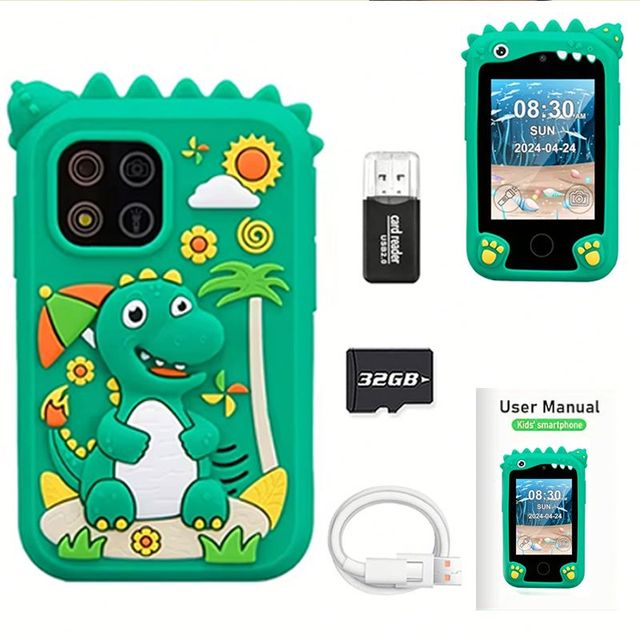 Dinosaur Style Kids Smart Phone Toy CMOS Sensor Mini Photo Camera 2.4-inch Screen 180 Wide Angle Video Recording Learning Play