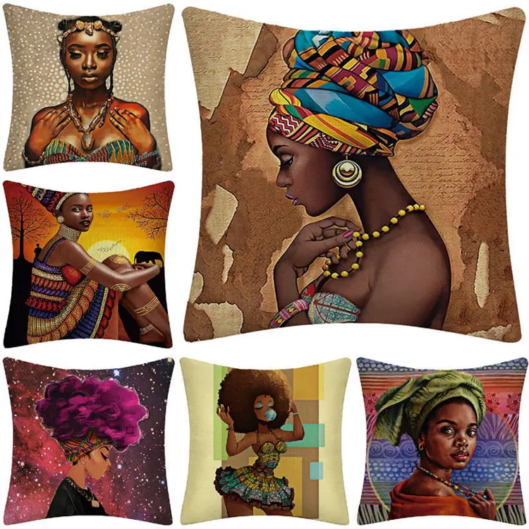 Sıcak satış afrika kadın çizgi film desen Polyester atmak yastık kılıfı 45x45cm dijital baskılı ev dekorasyon minder örtüsü