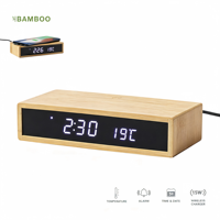 Chargeur sans fil en bambou avec réveil numérique, horloge de bureau à affichage LED avec température, fonction snooze pour chambre à coucher et bureau