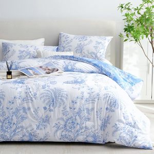 Ensemble <span class=keywords><strong>de</strong></span> 3 pièces <span class=keywords><strong>de</strong></span> style botanique motif floral bleu imprimé <span class=keywords><strong>housse</strong></span> <span class=keywords><strong>de</strong></span> <span class=keywords><strong>couette</strong></span> et taie d'oreiller en microfibre <span class=keywords><strong>de</strong></span> <span class=keywords><strong>polyester</strong></span> à armure toile pour usage domestique - Product Image 2