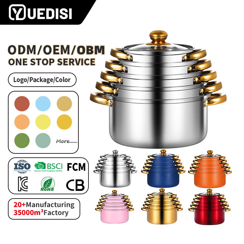 Yuedisi Wholesale 10PCS Cooking Pot Set Professional Restaurant Stainless Steel Modern Cookware Sets with Anti-Slip Handle