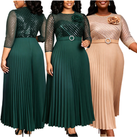 ADR051268 Gaun Malam Ukuran Besar Elegan Patchwork Slim 3D-Flower Pleated Sequined Gaun Pesta Formal untuk Wanita + Sabuk