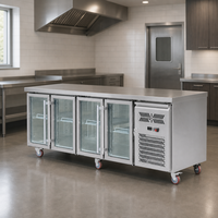 Réfrigérateur commercial sous comptoir avec 4 portes en verre, plan de travail en acier inoxydable, avec roulettes pour restaurant, bar