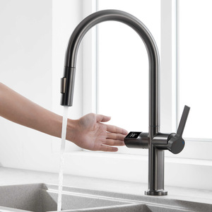 Pistola automática de latón sin contacto, grifos grises de cocina con sensor 360, <span class=keywords><strong>grifo</strong></span> digital inteligente infrarrojo giratorio, grifos extraíbles de cocina - Product Image 1