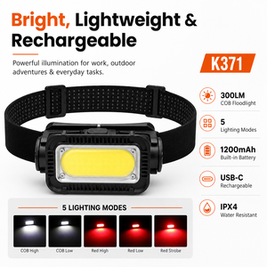 Lampe frontale <span class=keywords><strong>LED</strong></span> <span class=keywords><strong>COB</strong></span> K371 étanche, rechargeable par USB, IPX4, lumière rouge, 1200 mAh, batterie lithium-ion portable, <span class=keywords><strong>bandeau</strong></span> réglable - Product Image 3