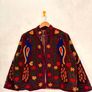 <b>Vintage</b> Burgundy Velvet Floral Embroidered Suzani Jacket with Peacock Pattern Full Sleeve <b>Stand</b> Collar Handmade Boho Autumn <b>Coat</b> - Product Image 1