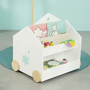 儿童小木书储物白色中密度纤维板滑动书架带卡通印刷儿童幼儿可移动家居家具套装
