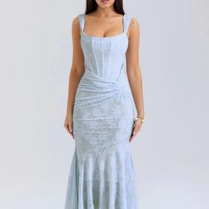 Haute qualité nouveau Vintage Jacquard Wrap dos élastique fermeture éclair ourlet irrégulier plissé décontracté femmes longues robes - Product Image 1