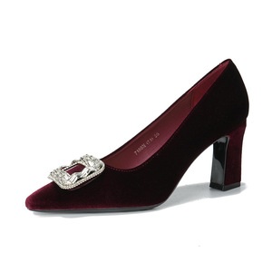 7188N-172 Slip-On Solid Comfort Pumps Square Toe <b>Block</b> Heel Velvet Rhinestone Decor Formal Women's Shoes - Product Image 4