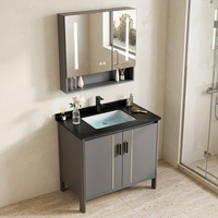 Meuble-lavabo de salle de bain moderne noir et or en aluminium, avec vasque encastrée en pierre frittée, miroir intelligent LED anti-buée et armoire