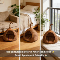 Lit pour chat portable de luxe en rotin PP tissé à la main, avec housse amovible, coussin en mousse à mémoire de forme, écologique et durable