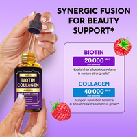 Complément alimentaire liquide de beauté à la biotine et au collagène, saveur framboise naturelle, végétalien, 60000 mcg, marque privée OEM, pour les cheveux, la peau et les ongles