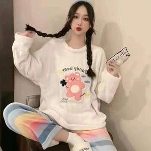 Pijamas de franela de otoño e <span class=keywords><strong>invierno</strong></span> para <span class=keywords><strong>mujer</strong></span>, cuello redondo, ropa de casa de franela bonita y gruesa, conjunto de dos piezas de dibujos animados - Product Image 5