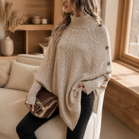 Poncho de punto grueso con cuello alto para mujer, suéter tipo capa con mangas murciélago, chal envolvente con botones laterales, jersey de punto al por mayor OEM