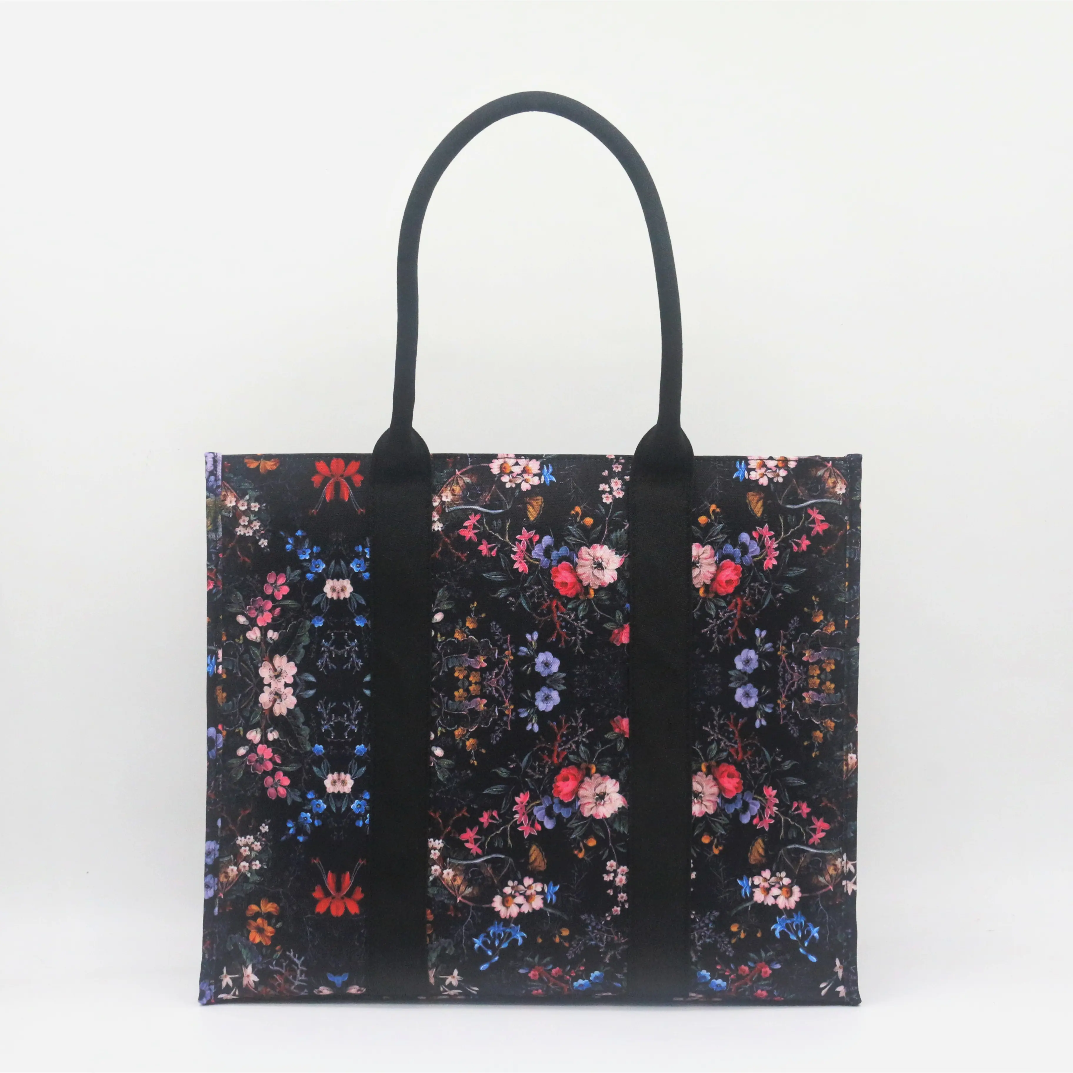 ODM Vintage Flower Pattern Eco-friendly Large Canvas Black Tote Bag Eco Holiday Gift Bags Daily Use Fashion Grocery Shopping Bag