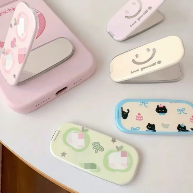 Kawaii Cartoon Animal Fruit Decorative Plastic Folding Makeup Mirror Touch up Phone Grip Blow Molding Process 3D Bracket Holder