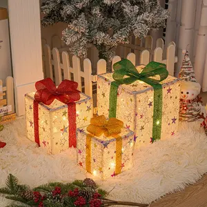 3 개의 LED 선물 상자 세트 활과 크리스마스 상자 실내 가정 마당 파티 장식을 위한 건전지 작동 선물 상자 장식