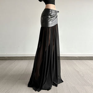 Falda Larga de Mujer Estilo Punk Oscuro con Hebilla Metálica, Parches de Malla y Cuero Sintético, Cintura Regular, Corte en A - Product Image 5