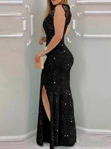 Abito Elegante in Pizzo con Strass e Lavorazione a Maglia - Collo Alto, Spalle Scoperte, Aderente con Spacco Laterale - Vestito da Festa - Product Image 1