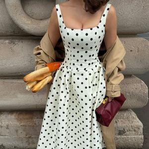 Vestido de lunares estilo francés para mujer, vintage, con cuello cuadrado, cintura alta, plisado, verano, nuevo, elegante, para fiesta, club, vestido largo para mujer - Product Image 2