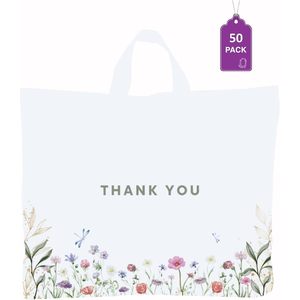 Thank You Bags 50 Pack 15x12 Floral <b>Plastic</b> Shopping Bags Soft Loop Handle - Product Image 1