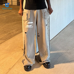 BENTURA Pantalon de Jogging Personnalisé Bords Effilochés Molleton de Coton Ample Délavé Gris Lourd Strass Empilés pour Hommes - Product Image 5
