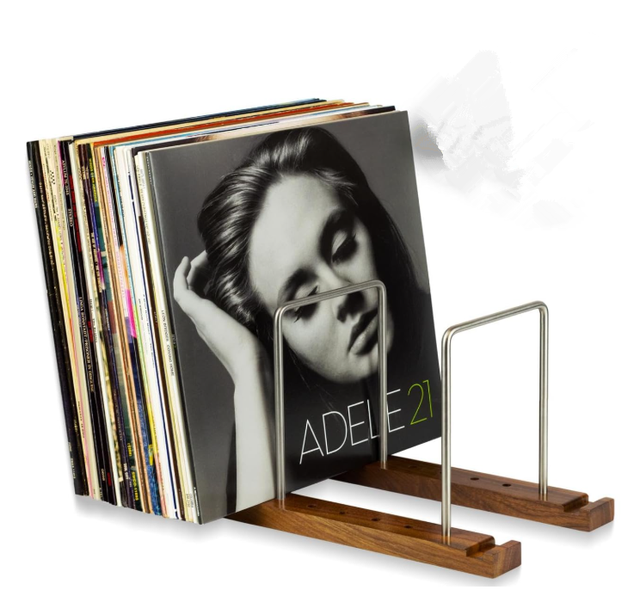 Vinyl Record Storage Holder, 75 LPs Solid Walnut & Steel | Adjustable Dividers Gift-Boxed 3-Year Warranty Stable Record Storage