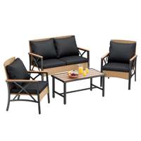 Ensemble de canapés modernes d'extérieur en rotin PE tressé, résistant, imperméable et lavable, avec table basse en fer à grain de bois imitation, pour patio – Vente chaude