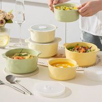 Bol en céramique style crème à double anse avec couvercle, boîte à lunch, pour réfrigérateur domestique, compatible micro-ondes