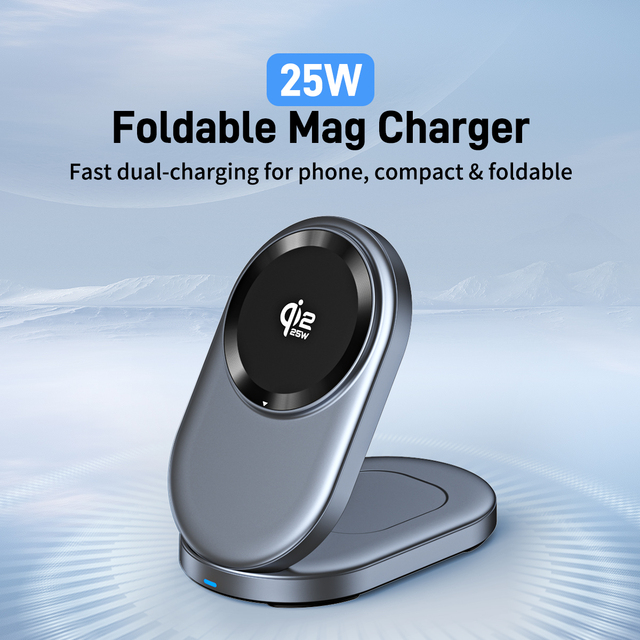 25W Foldable Magnetic Wireless Charger with QC3.0 Fast Charging 5V/1A Output Type-C Input for Phone-Compact Portable Design