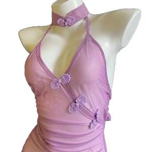Sexy lingerie, see-through ancient style small breast strap uniform, pure and seductive purple cheongsam dress wholesale - Product Image 5