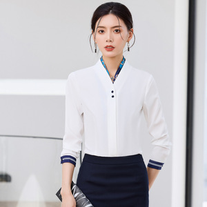 Women's White Long Sleeve Shirt Solid Color Contrast Cuff Office Wear Polyester Poplin OL Uniform YX602 - Product Image 3