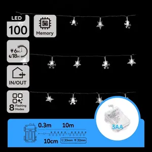 Ghirlanda di luci LED a forma di stella e fiocco di neve, 10 m, batterie 3AA, luce bianca fredda, ideale per decorazioni festive e - Product Image 1