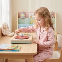 Tocadiscos de Madera Recargable para Niños, Juguete de Simulación con Espectáculo de Luces Coloridas, Juguete Musical Educativo Multifuncional para la Primera Infancia