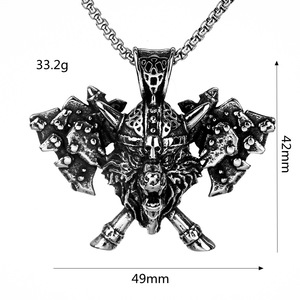 Stainless Steel Men's Viking Wolf <b>Head</b> Pendant Necklace With Double Axe Design Animal Shape Punk <b>Style</b> Jewelry - Product Image 5