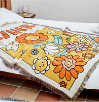 Couverture de canapé en jacquard poly-coton tissé, motif floral de dessin animé vibrant, avec sac fourre-tout assorti et tapis de pique-nique à franges – Vente en gros