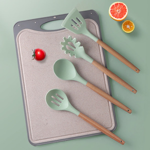 12-Piece Non-Stick Silicone Kitchenware Set Wooden <b>Handle</b> Multi-Function Utensils Including Frying <b>Pan</b> Soup Spoon Rice Spoon - Product Image 1