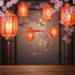 Braccialetto a cinque occhi del Festival delle Sette Stelle con filo rosso e perline blu per donna, gioielli alla moda - Product Image 3