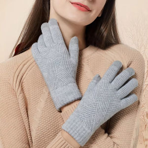Gants de ski de cyclisme à doigts entiers pour hommes et femmes hiver double couche tricot chaud matériau en laine finition velours écran tactile - Product Image 1
