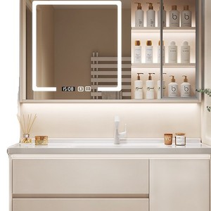 Meuble-lavabo intégré en céramique Liang Jie, couleur café au lait, avec armoire en aluminium nid d'abeille et miroir lumineux, design intelligent - Product Image 5