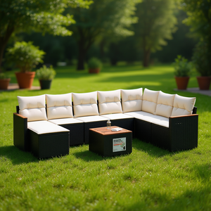 Ensemble de canapés de jardin en rotin noir avec coussins crème, mobilier d'extérieur au design contemporain, résistant à l'eau et aux UV, en rotin PE - Product Image 2